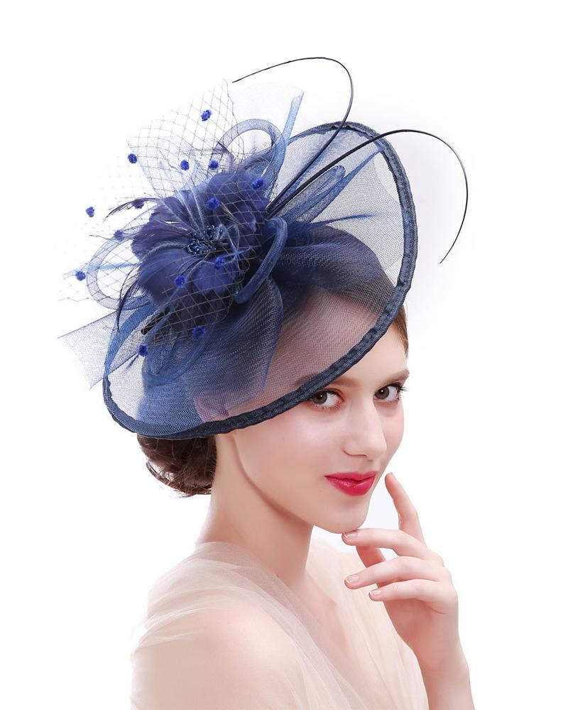 

Feather Fascinator Hat Sheer Mesh Hair Clip Hairpin Hats Bridal Wedding Cocktail Tea Party Headwear, Purplish blue