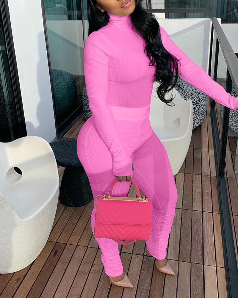

Solid Mock Neck Top & Skinny Pants Set, Hot pink