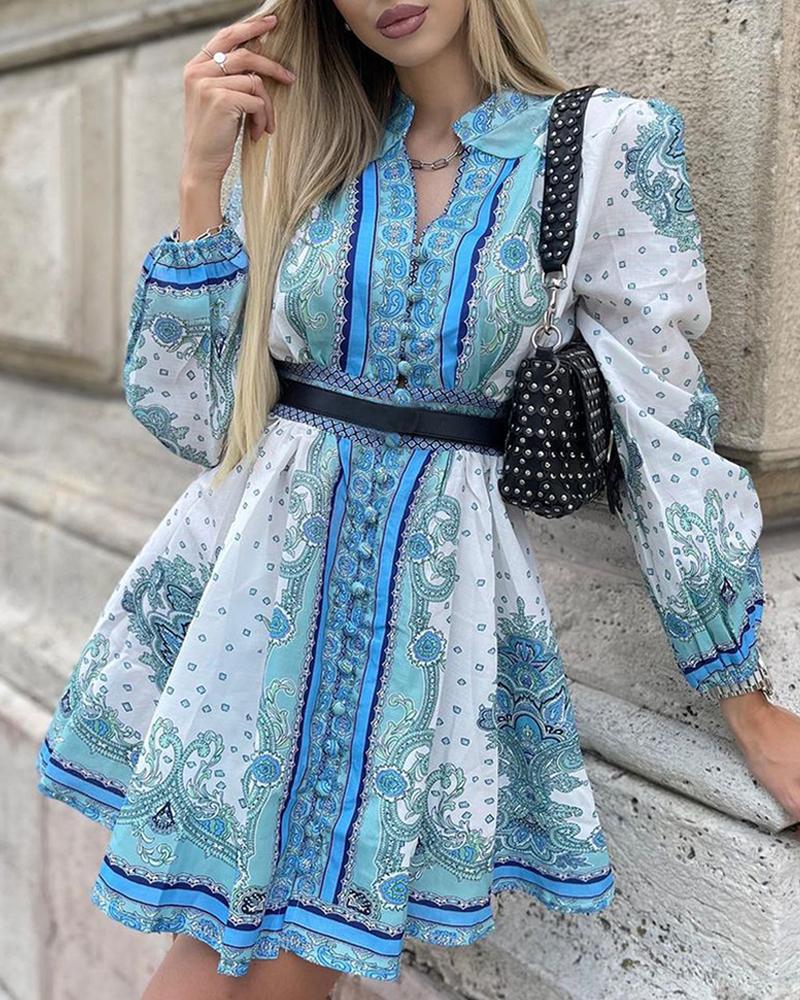 

Baroque Print Lantern Sleeve Shirt Dress, Blue