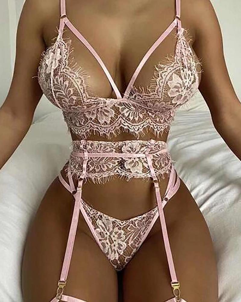 

Eyelash Lace Cutout Garter Lingerie Set, Pink