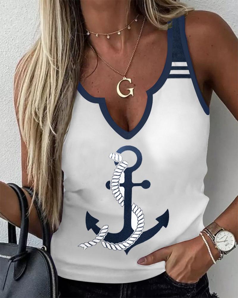 

Anchor Print Contrast Binding Tank Top, White