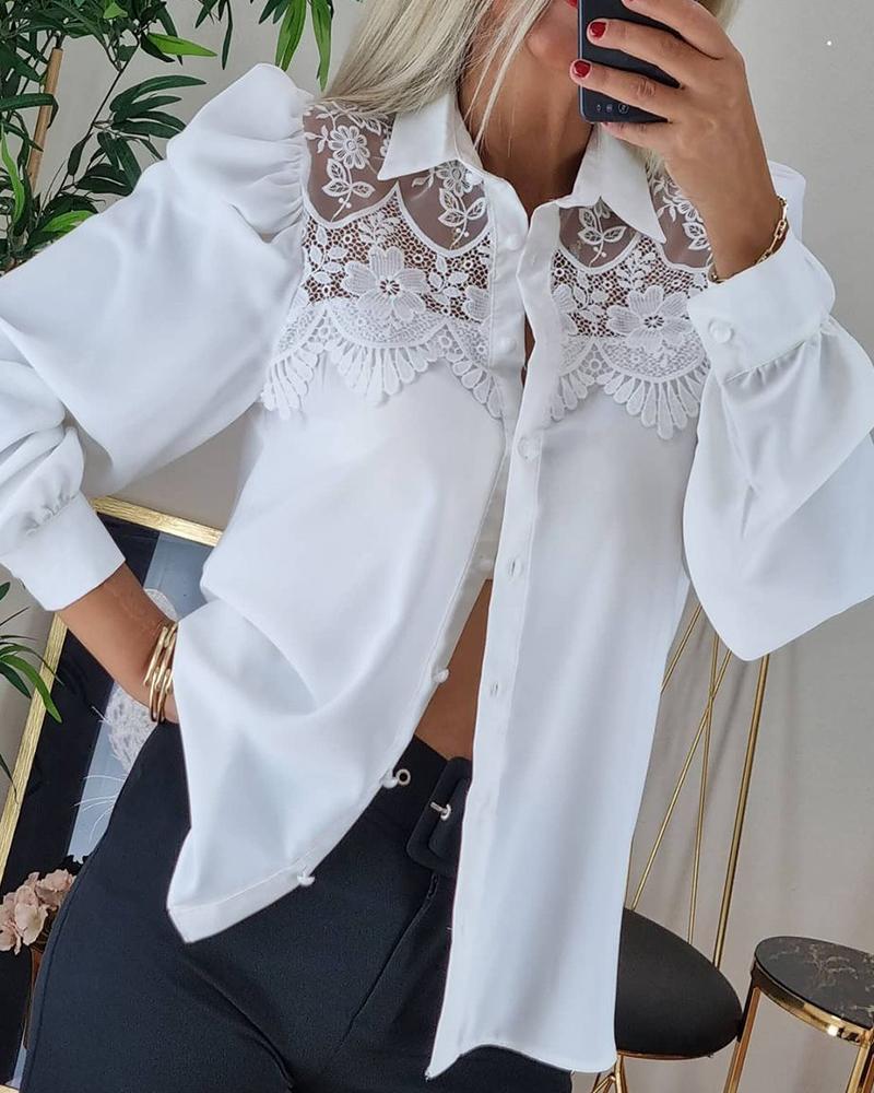 

Puff Sleeve Contrast Lace Button Up Shirt, White