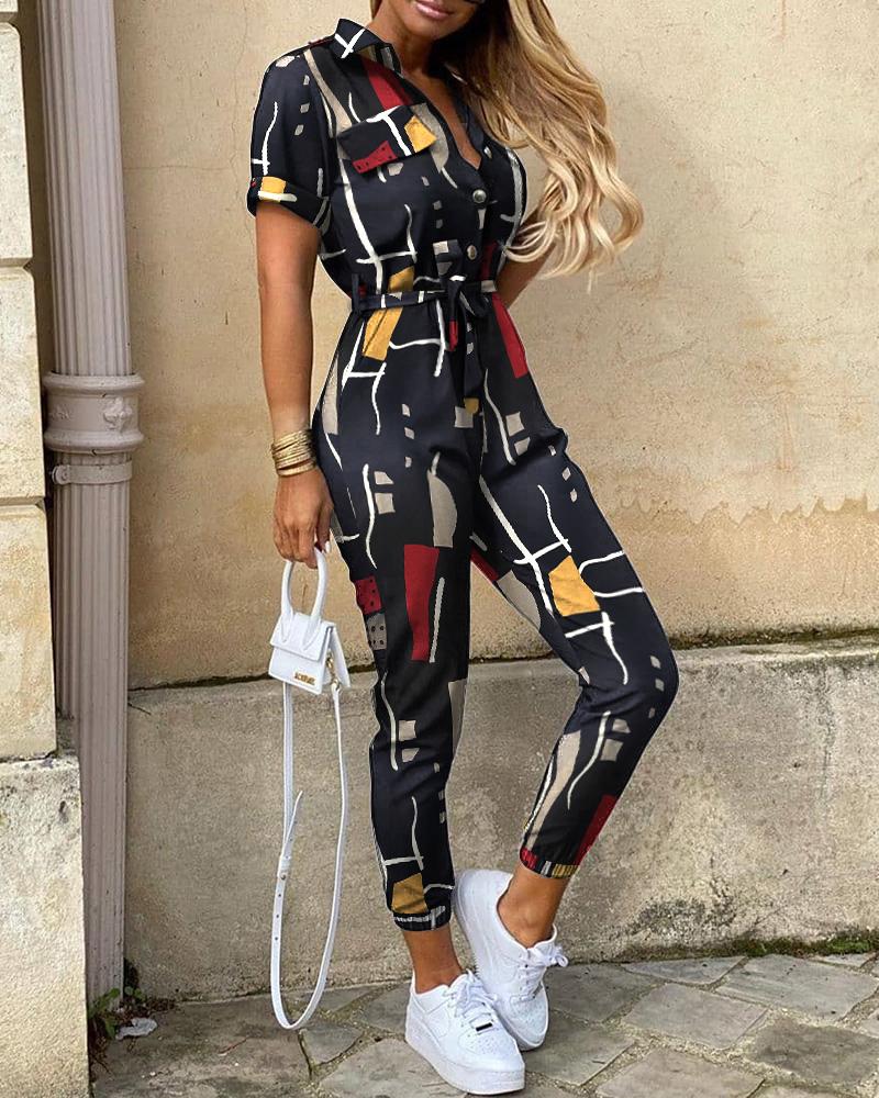 

Geometric Print Button Front Belted Jumpsuit, Red