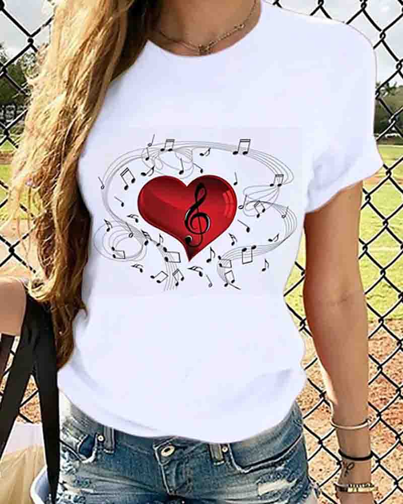 

Round Neck Tops Heart Butterfly Print Cotton Basic T-shirt, Style2