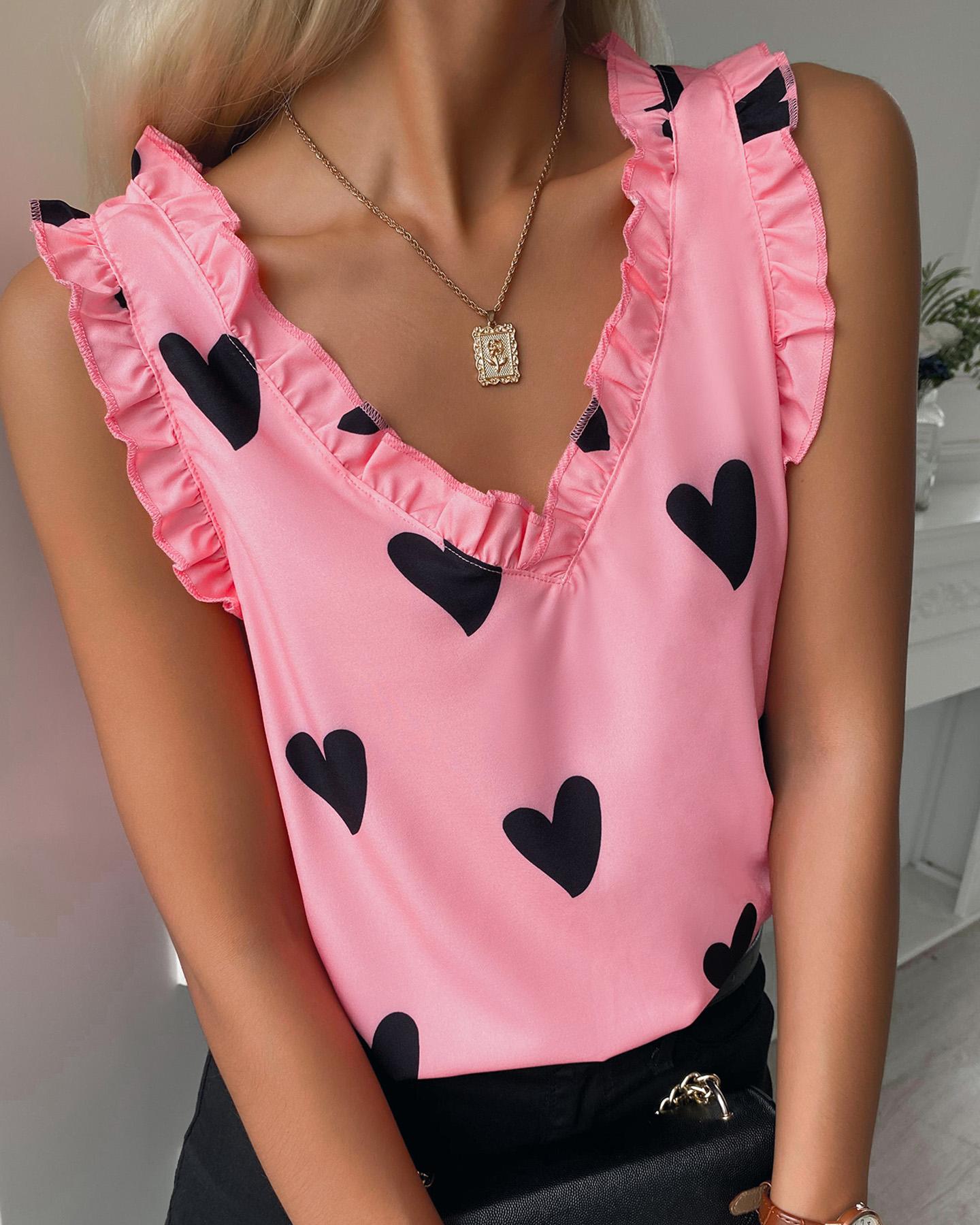 

Heart Print Ruffle Hem Sleeveless Tank Top, Pink