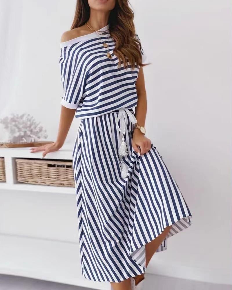

Striped Print Casual Top & Skirt Set, Blue