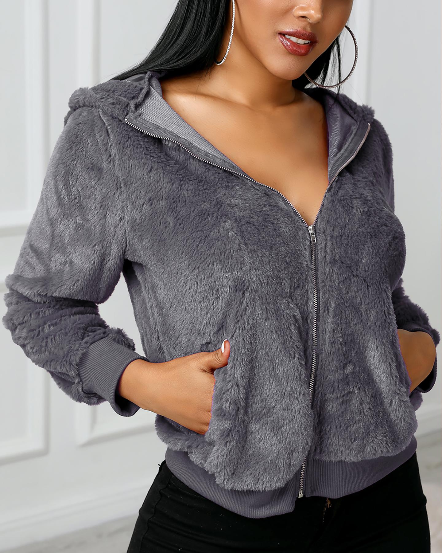 

Long Sleeve Zip Front Fur Faux Fur Hooded Coat, Gray