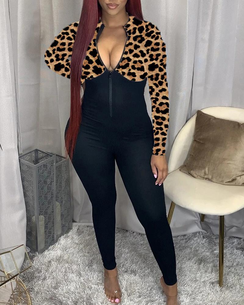 

Color Block Long Sleeve Jumpsuit, Leopard