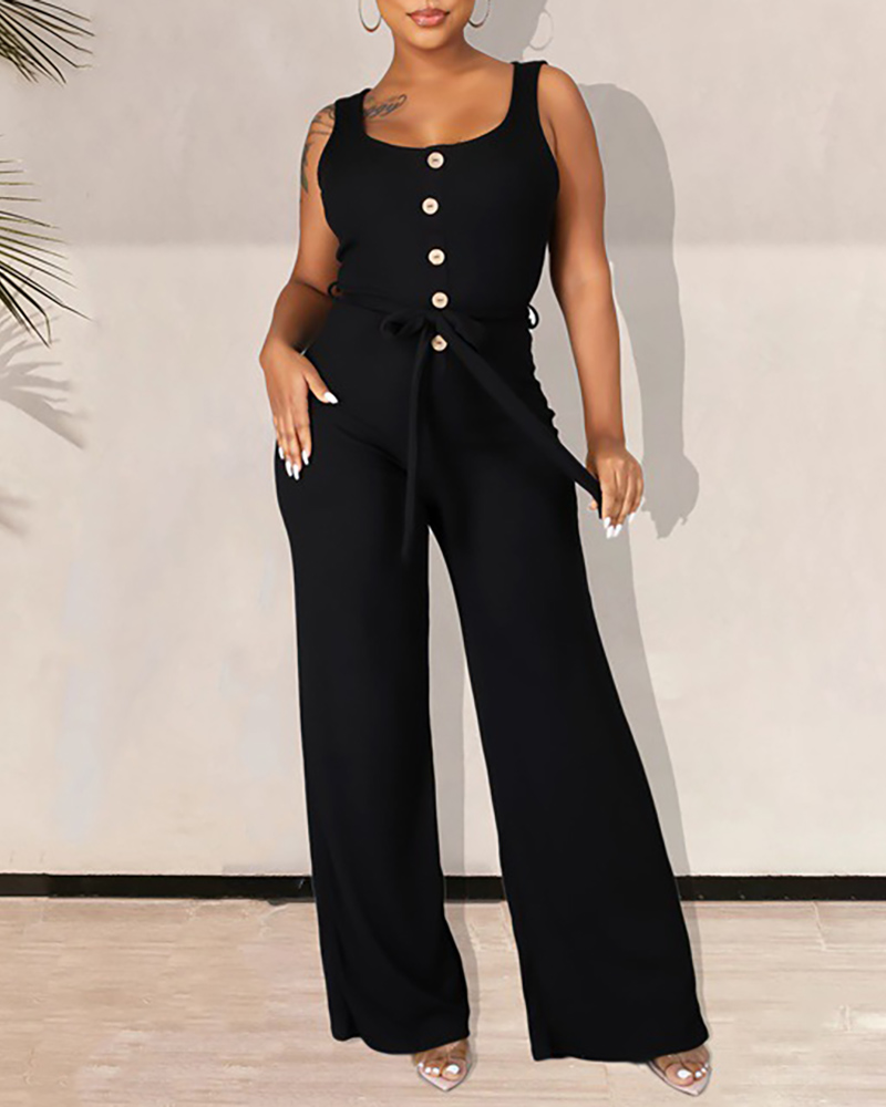 

Button Design Thick Strap Tied Detail Jumpsuit, Black