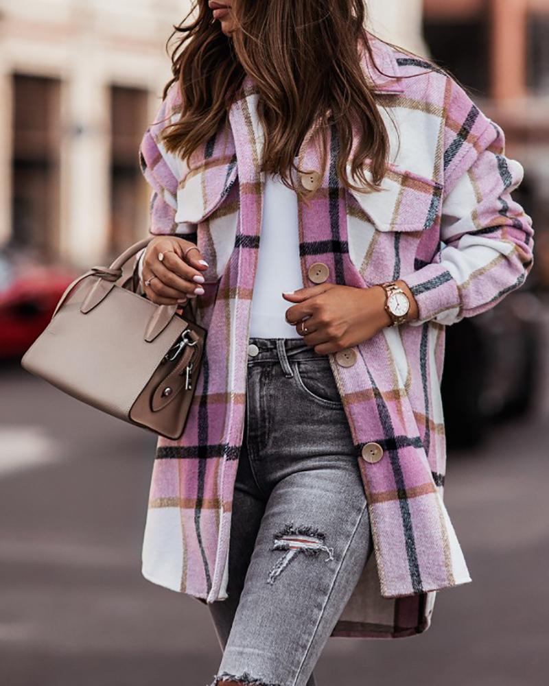 

Plaid Print Long Sleeve Buttoned Shacket, Pink