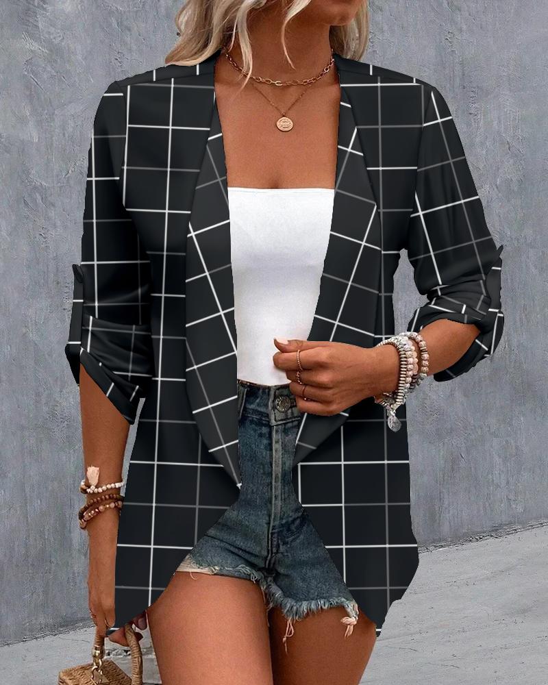 

Plaid Print Roll Up Sleeve Casual Coat, Black