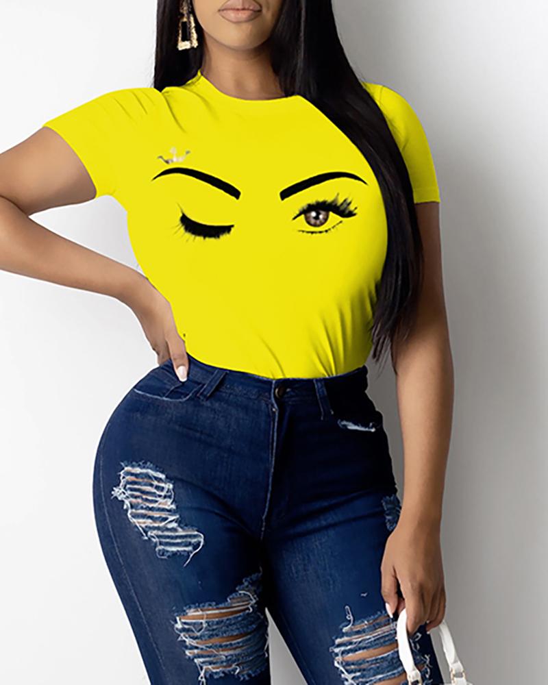 

Eyes Print Short Sleeve Casual T-shirt, Yellow