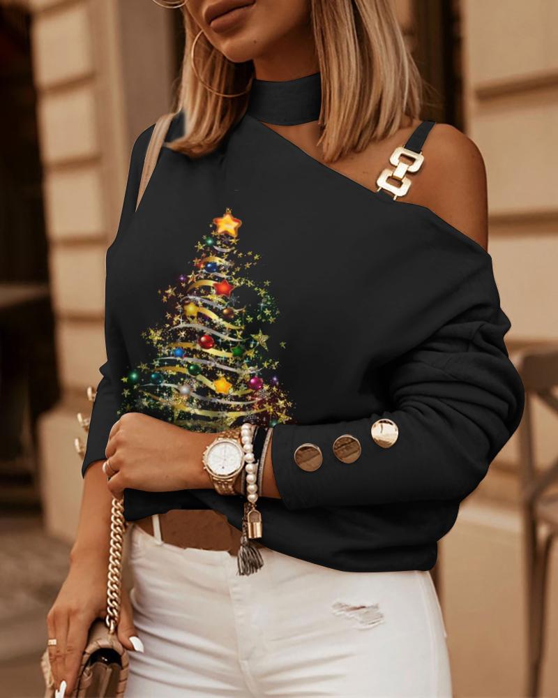 

Christmas Tree Print Cold Shoulder Top, Black