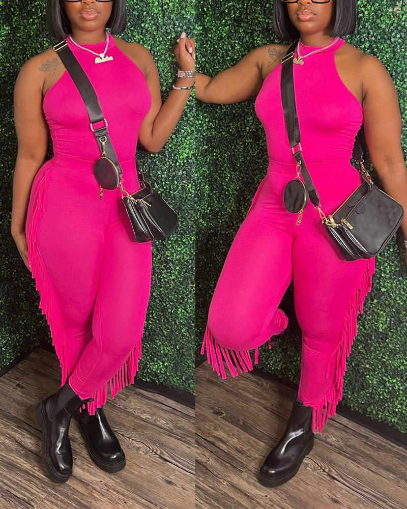 

O-Neck Sleeveless Tank Top & Tassel Design Pants Set, Hot pink