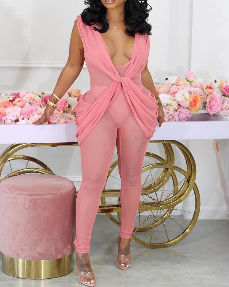 

Twist Design Plunging Neck Sheer Mesh Jumpsuit, Pink