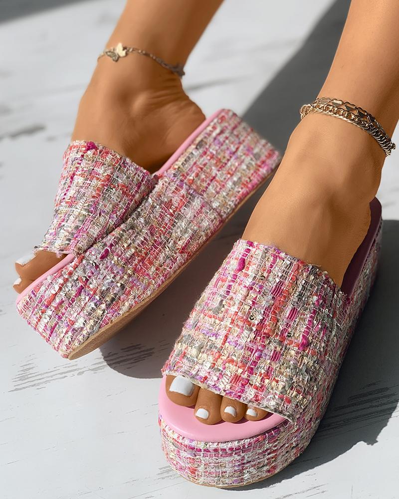 

Round-toe Tweed Platform Slippers, Pink