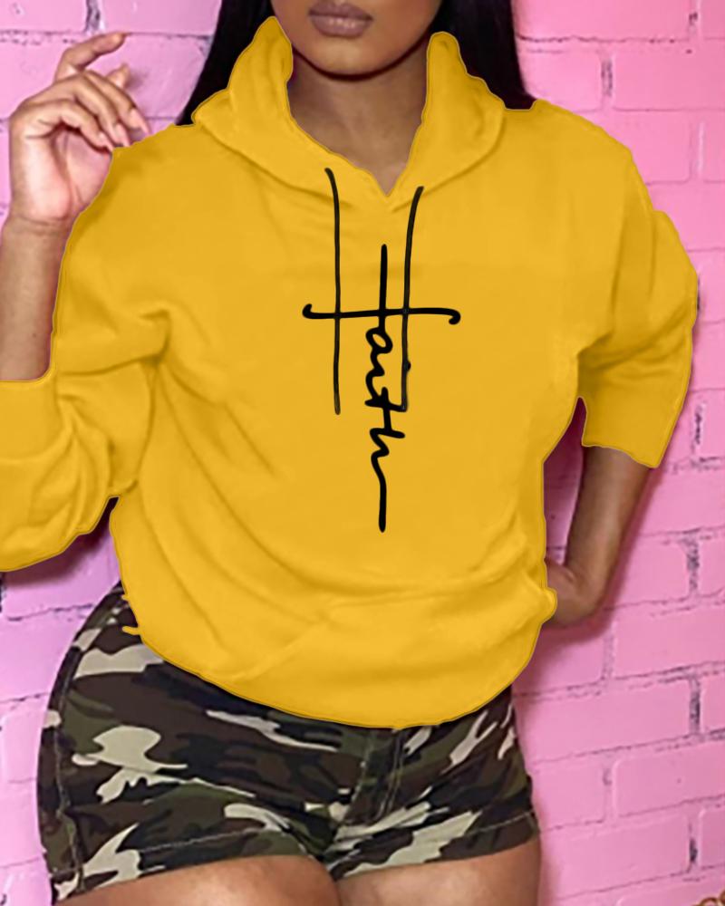 

Letter Print Long Sleeve Hooded Top, Yellow