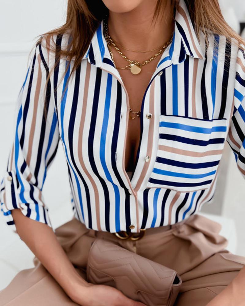 

Striped Print Roll Tab Sleeve Button Down Shirt, Blue