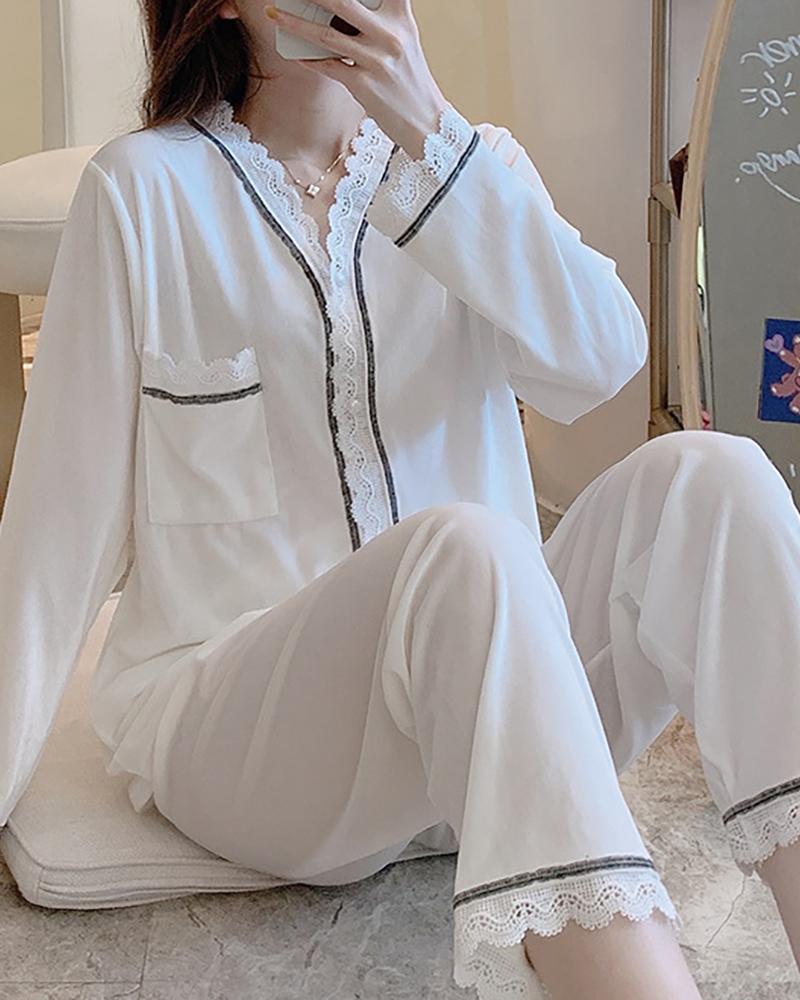 

Lace Trim Velvet Long Sleeve Pajamas Set, White