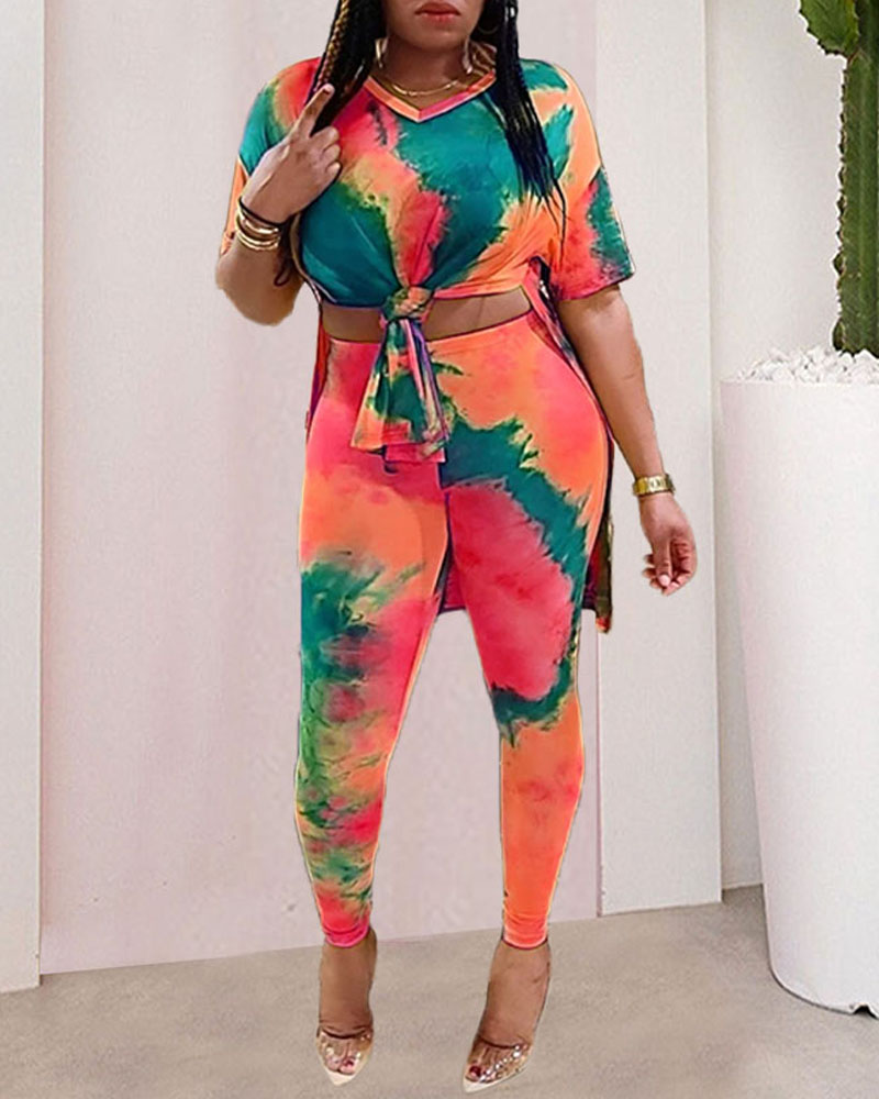 

Tie Dye Print Slit T-shirt & High Waist Pants Set, Red