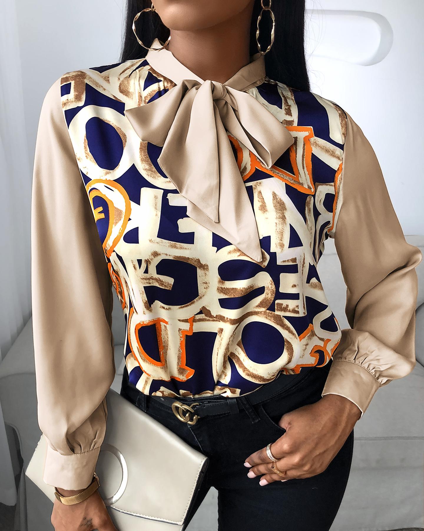 

Letter Pattern Print Lantern Sleeve Shirt, Brown