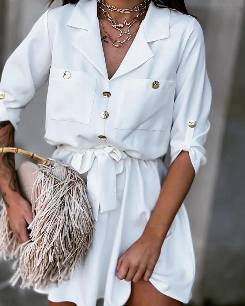 

Buttoned Pocket Design Half Sleeve Shirt Dress, White