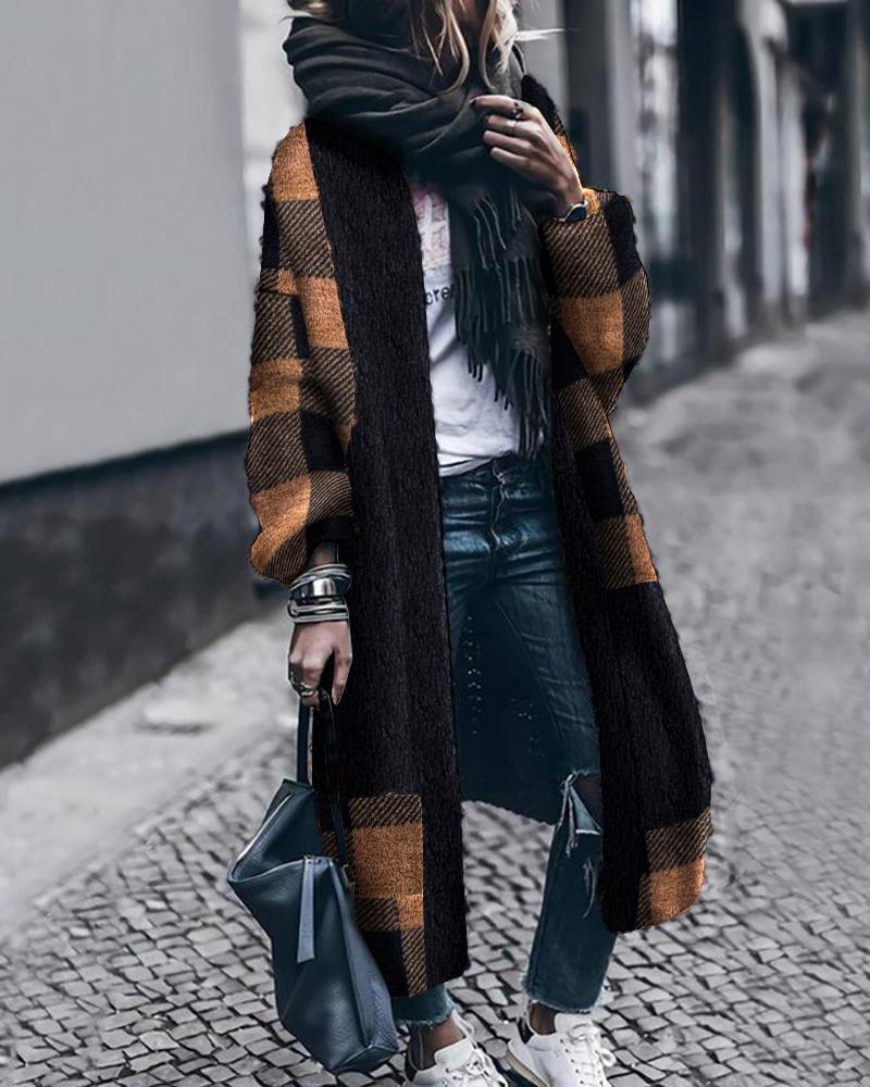 

Plaid Print Open Front Longline Teddy Coat, Brown