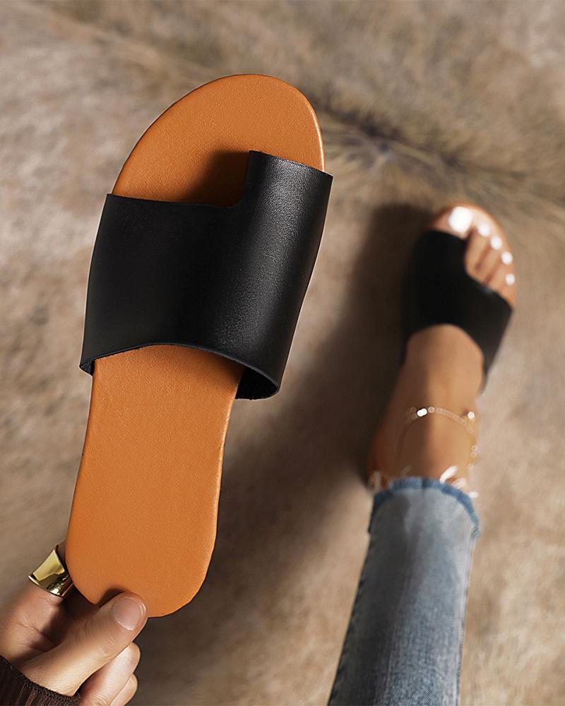 

Round-toe Solid Color Toe Post Slippers, Black