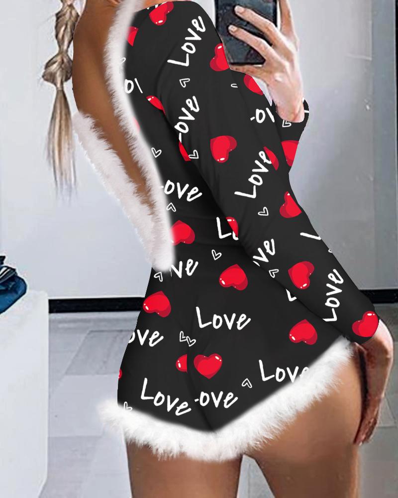 

Valentine' Day Love Heart Print Fuzzy Trim Backless Sleep Onesie, Black