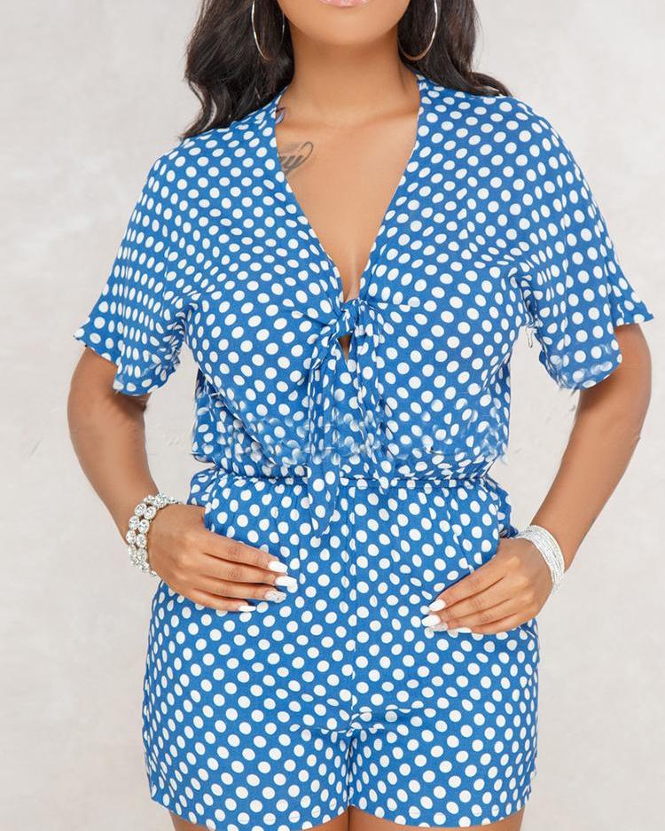 

Polka Dot Knot Front Pocket Playsuit, Blue