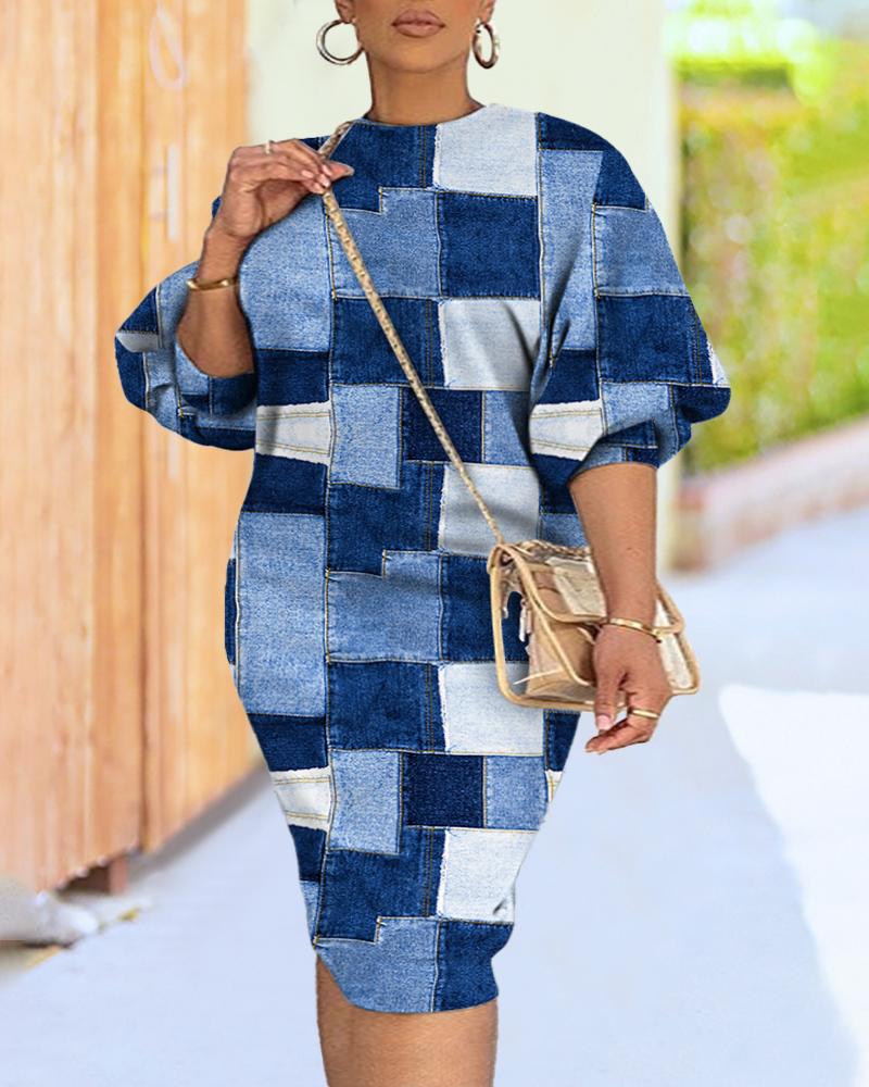 Plus Size Denim Look Print Lantern Sleeve Casual Dress