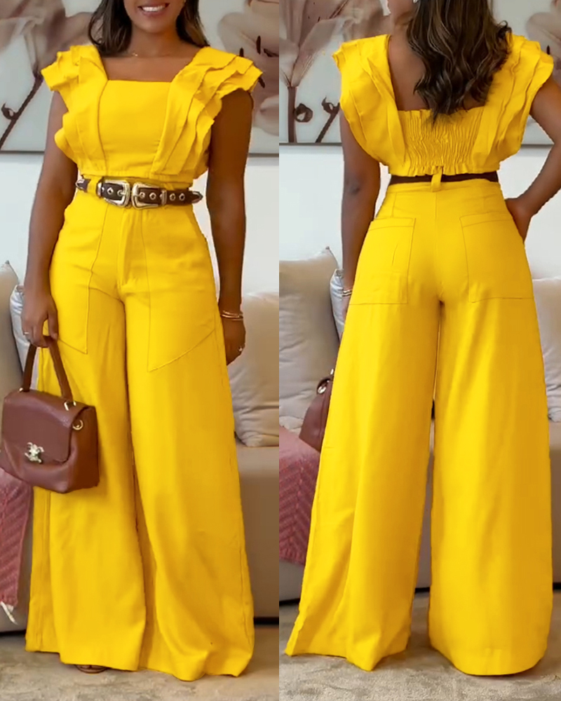 

2 Piece Sqaure Neck Flutter Sleeve Shirred Top High Waist Wide Leg Pants Elegant Pants Set, Yellow