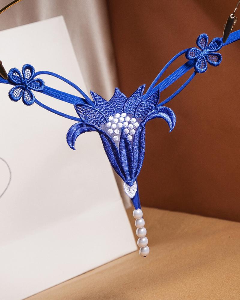 

Sexy Floral Embroidery Splicing Pearl Low Waist Thong Panties, Blue