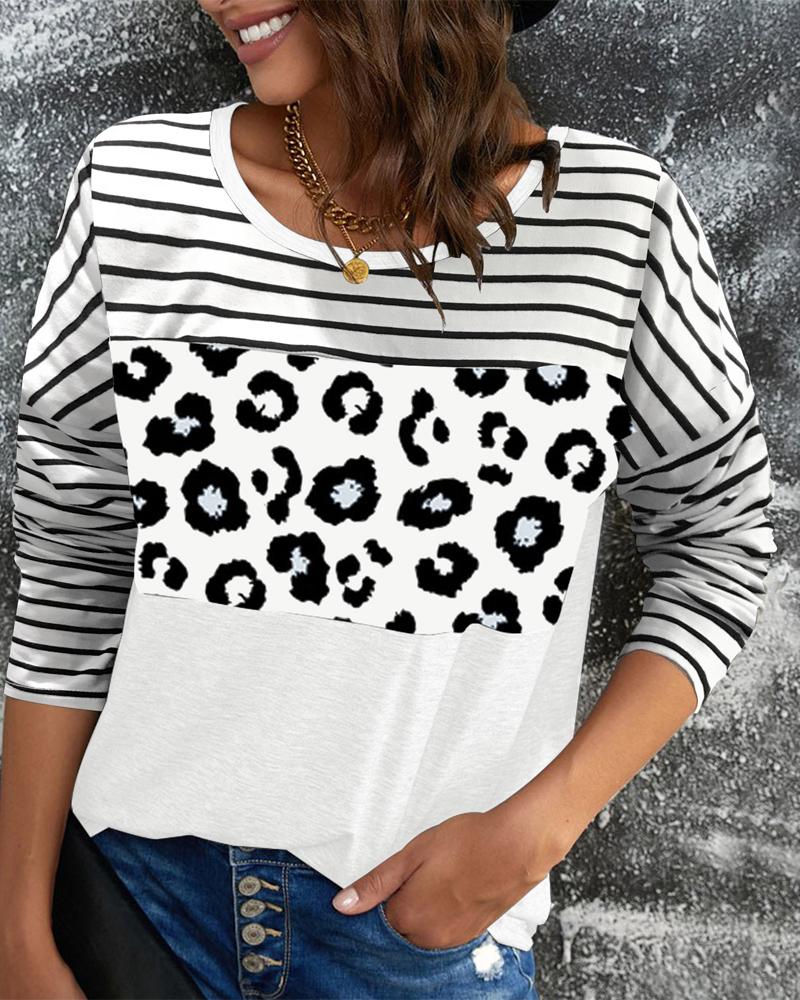

Contrast Leopard Striped Long Sleeve Top, White