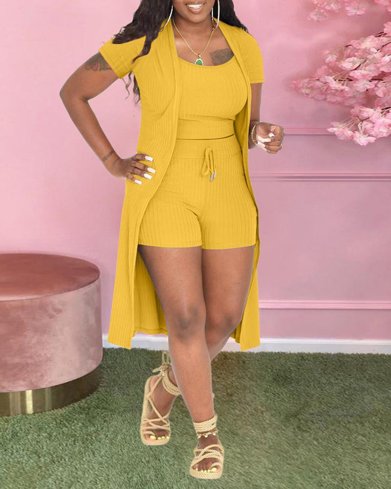 

3PCS Ribbed Tank Top & Shorts Set With Coat, Yellow