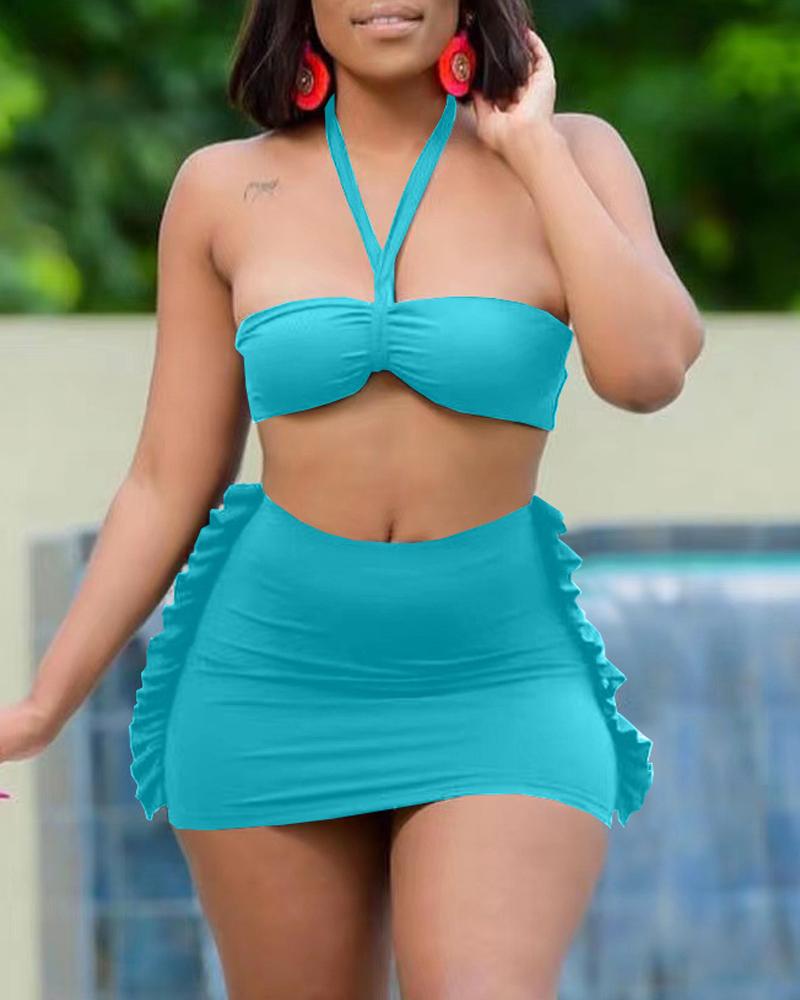 

Ruffle Hem Halter Backless Bikini Set, Blue