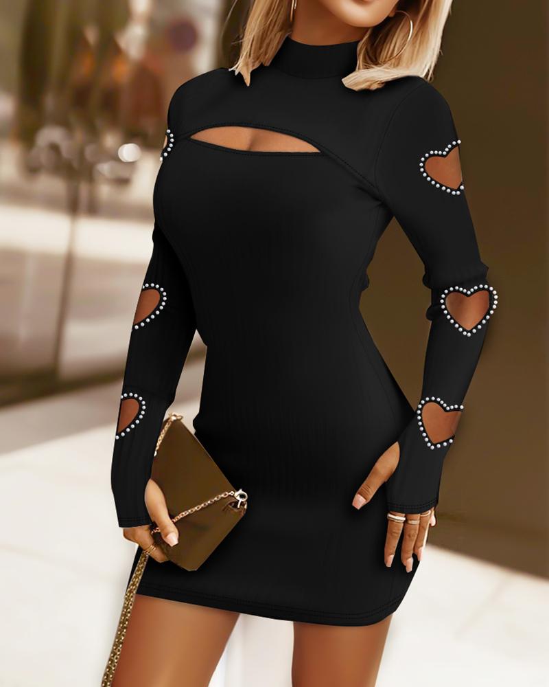 

Hollow Heart Beaded Cutout Bodycon Dress, Black
