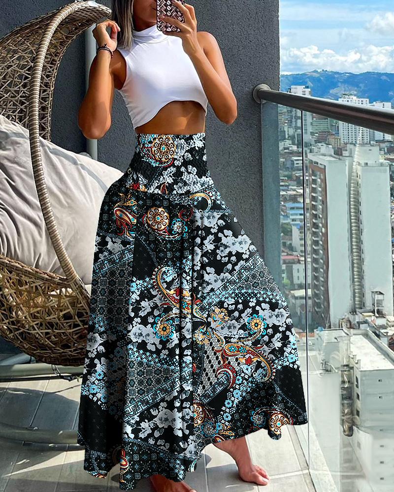 

Paisley Print High Waist Wide Leg Pants, Black