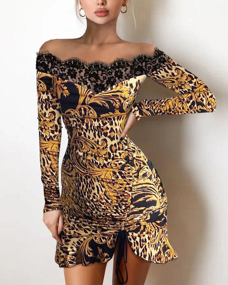 

Leopard Print Off Shoulder Lace Trim Drawstring Bodycon Dress
