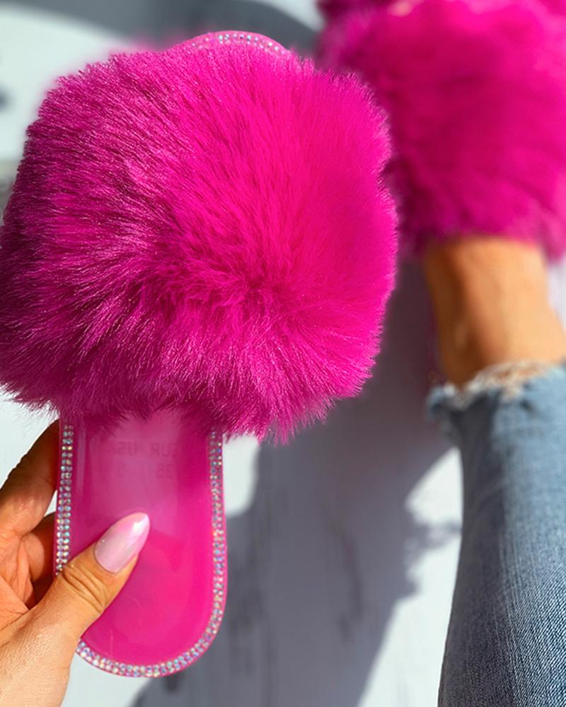 

Fluffy Peep Toe Plain Slippers, Hot pink