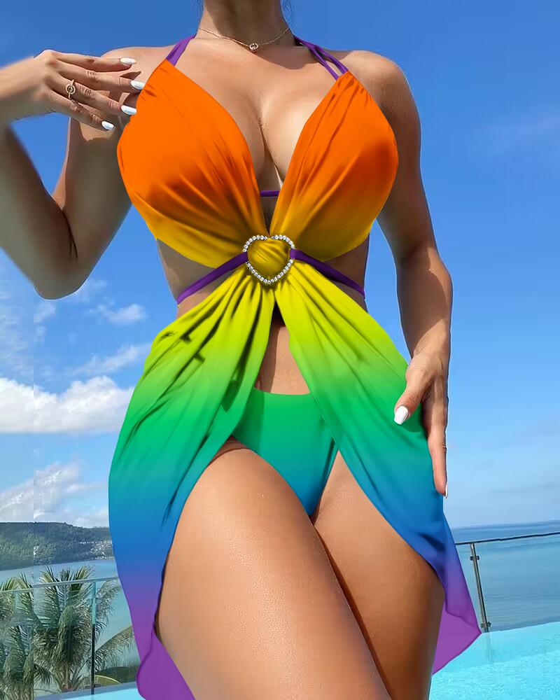 

3PCS Rainbow Ombre Tie Dye Print Halter Bikini Set With Cover Up, Multicolor