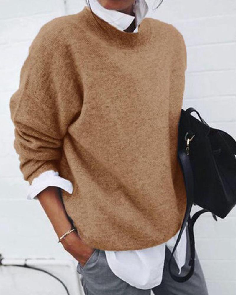 

Oversized Round Neck Knitted Pullover, Khaki