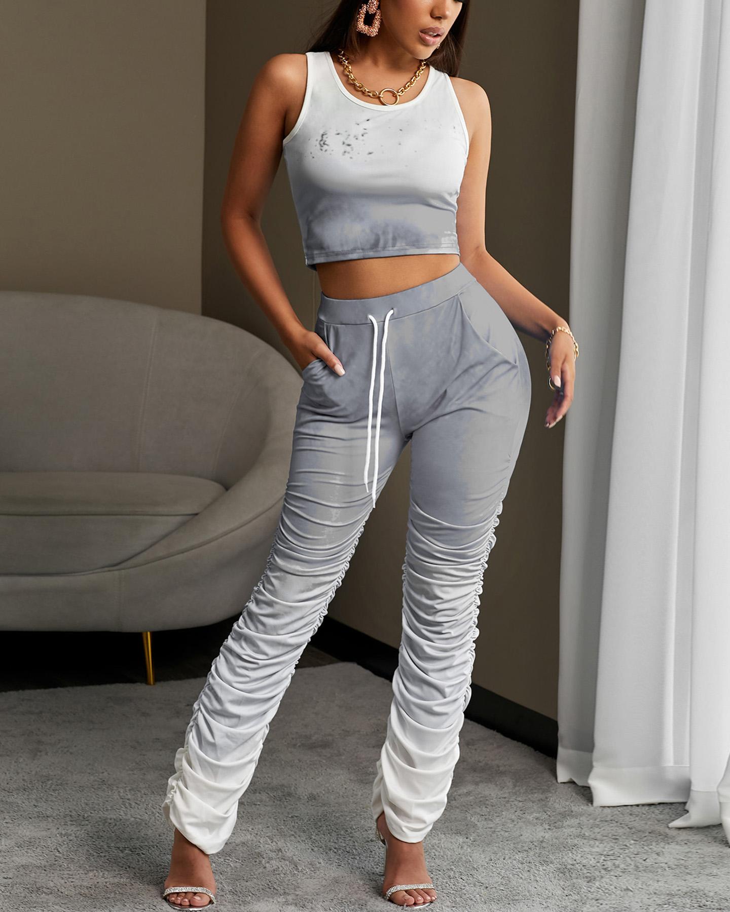 

Gradient Color Top & Ruched Pants Set, Gray