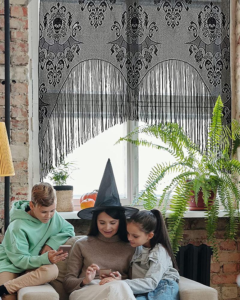 

Halloween Lace Skull Window Curtain Black Tassel Door Curtain for Halloween Home Party Decorations Halloween Party Supplies