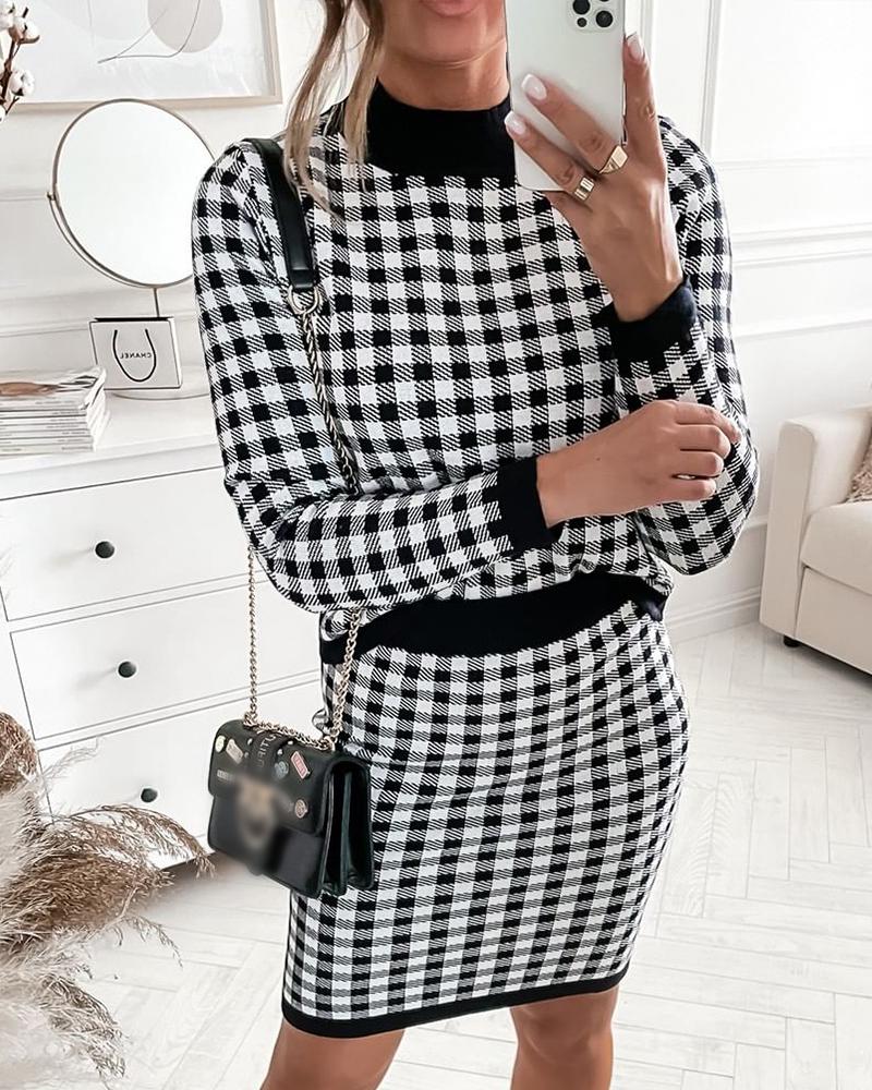 

Knit Plaid Print Colorblock Long Sleeve Top & Skirt Set, Black&white