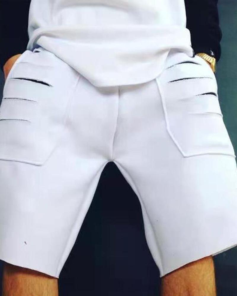 

Solid Loose Ripped Pockets Basketball Shorts, Black&white