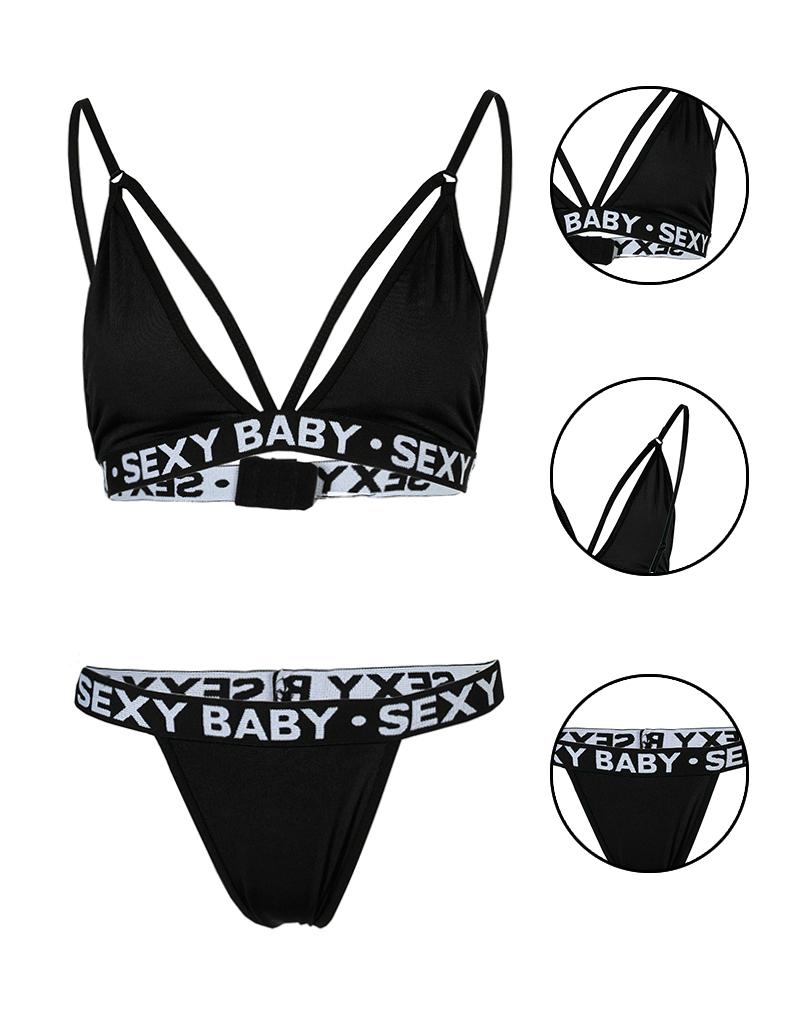 

Cutout V-Neck Letter Trim Lingerie Set, Black