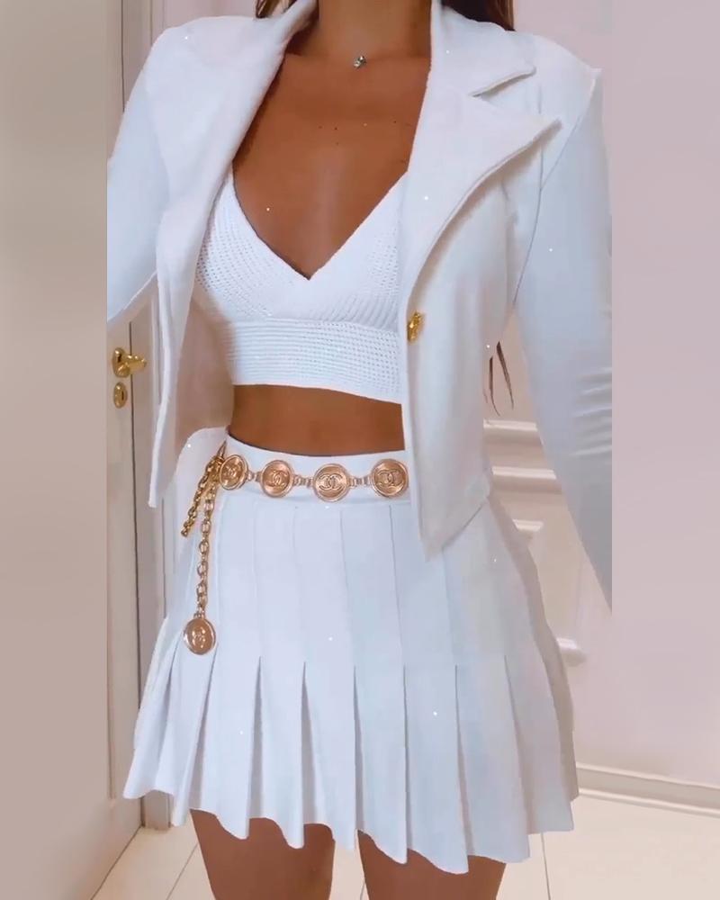 

Buttoned Long Sleeve Blazer Coat & Pleated Skirt Set Without Chain, White