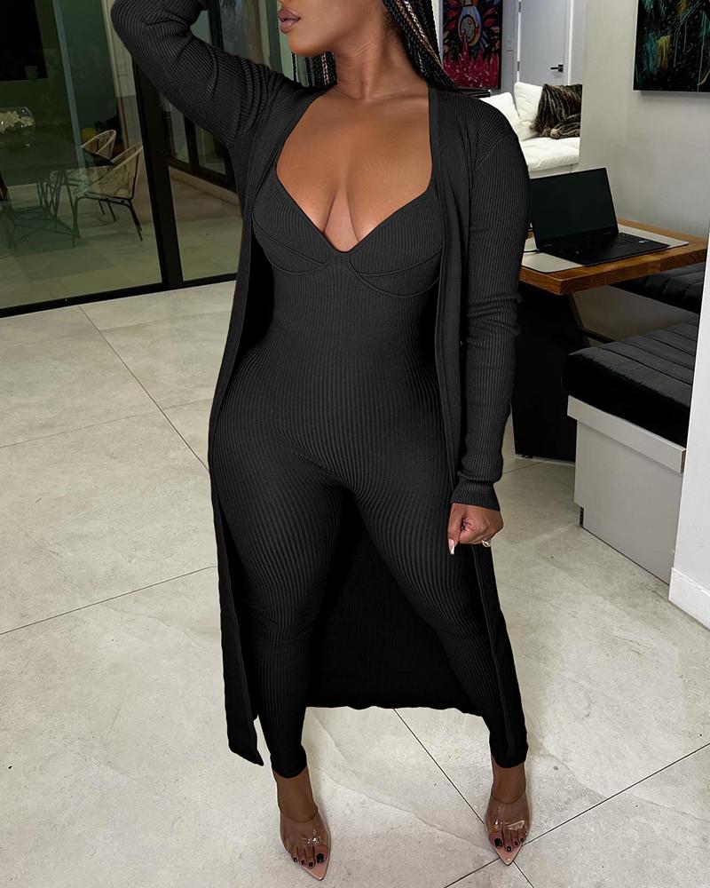 

Sleeveless Jumpsuit & Open Front Longline Coat Set, Black