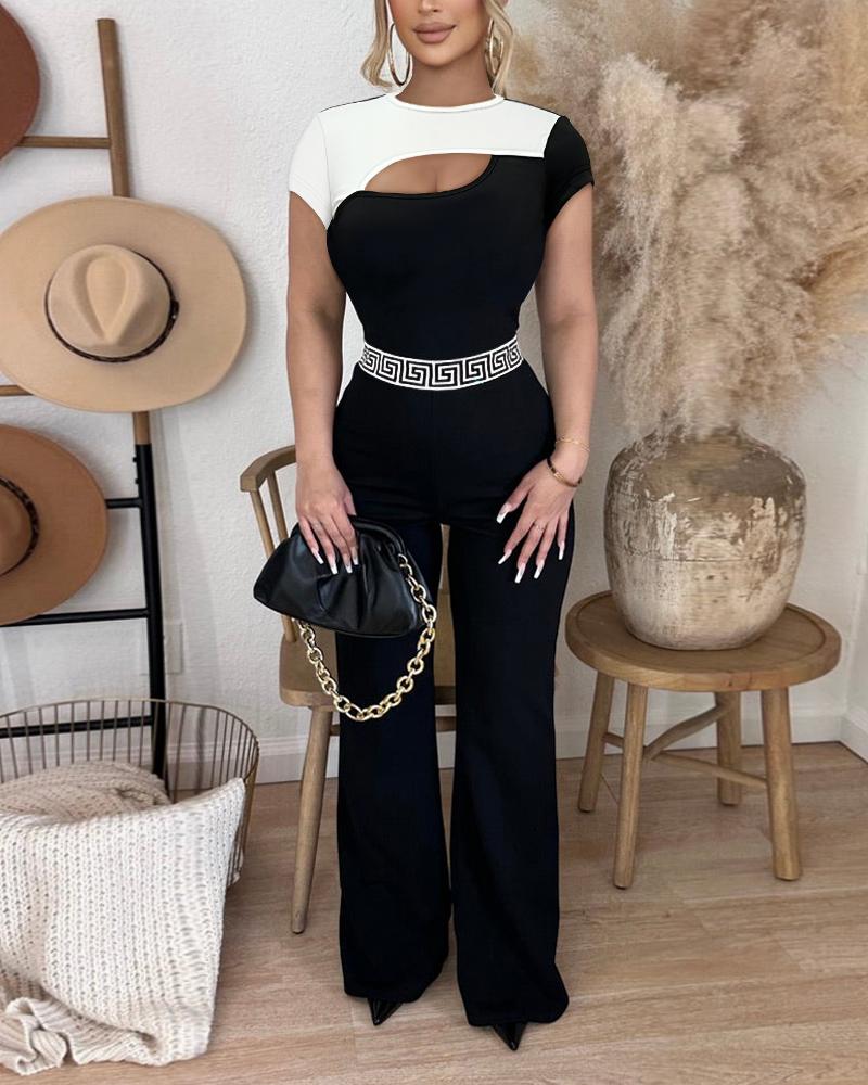 

Colorblock Geo Tape Patch Cutout Jumpsuit, Blackwhite